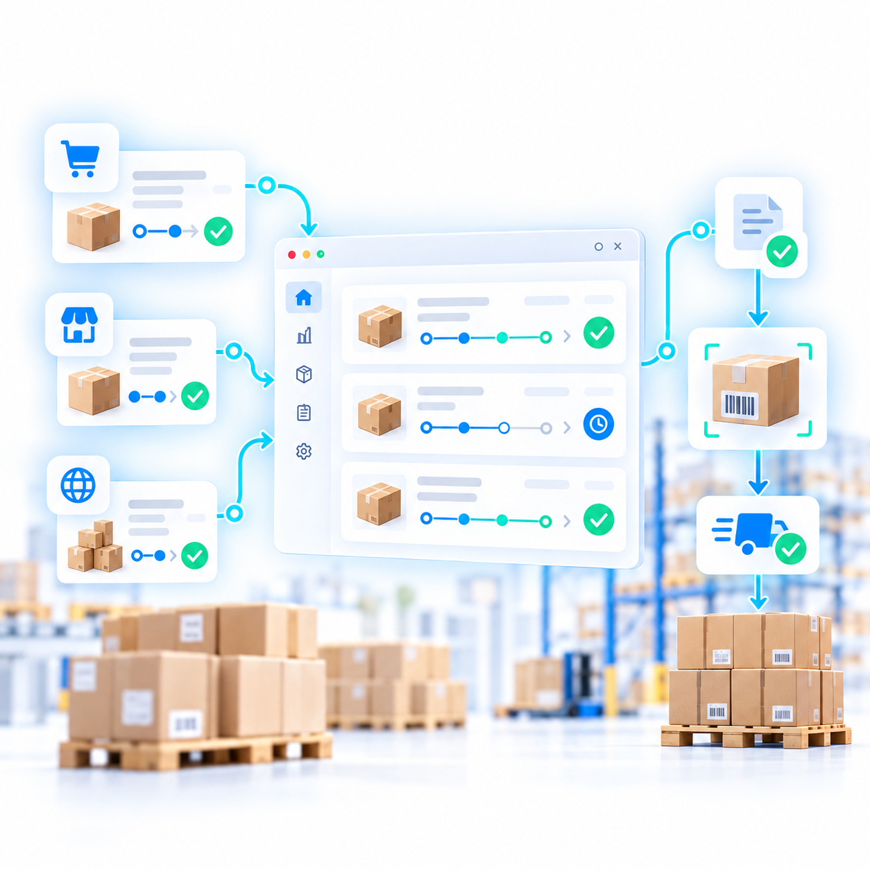 Illustration of a connected warehouse order workflow